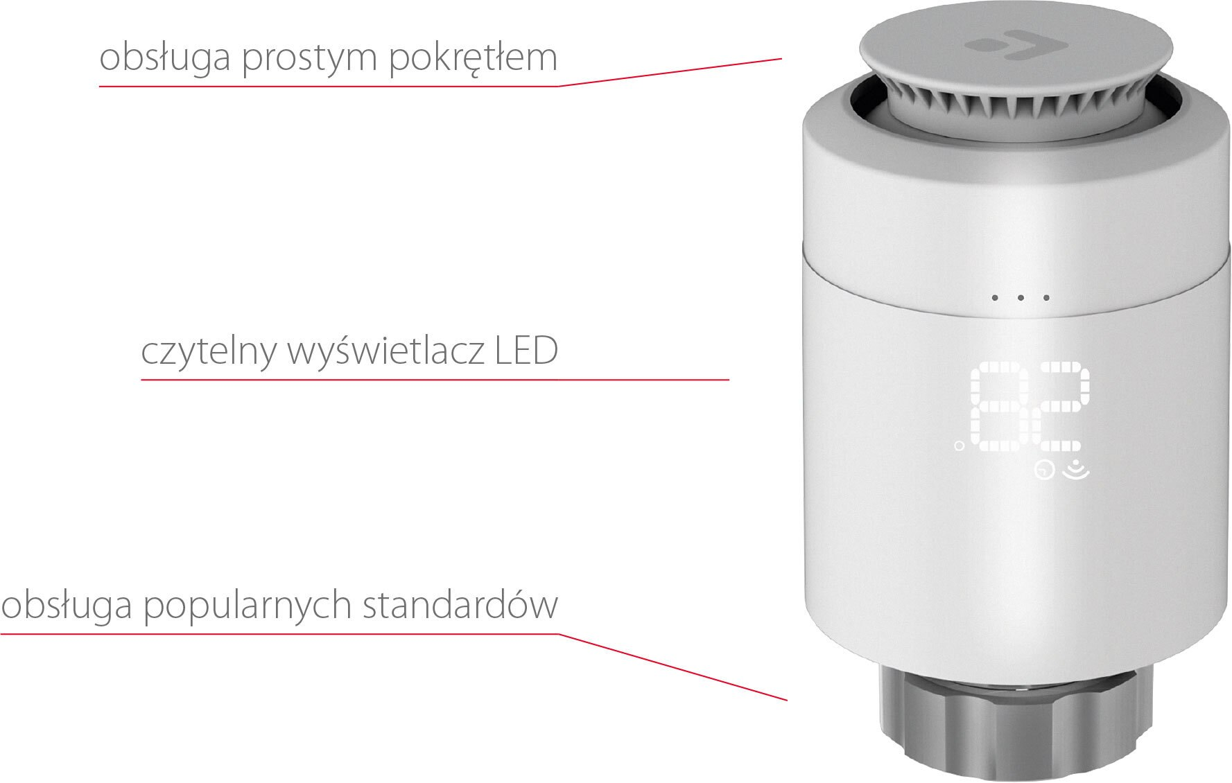 Biały inteligentny termostat z wyświetlaczem LED, pokrętło.