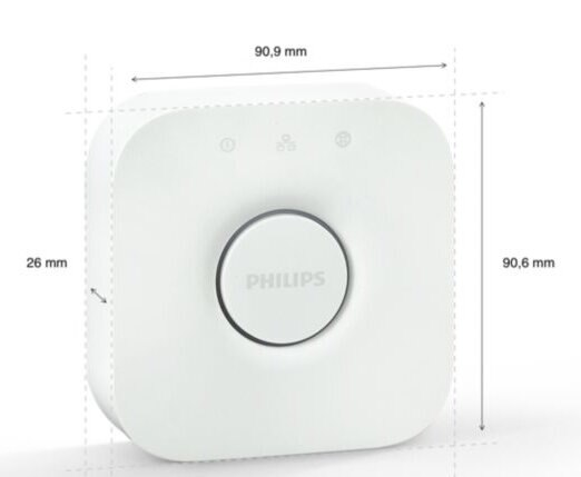 Biały mostek Philips Hue z wymiarami i marką na białym tle.