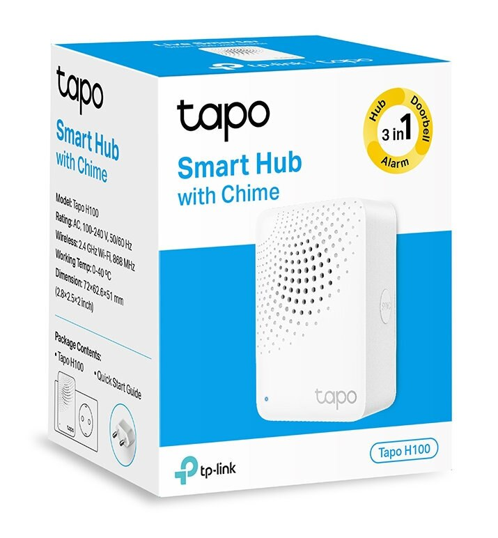 Białe pudełko z tekstem: Tapo Smart Hub with Chime. Widoczne białe urządzenie i instrukcja szybkiego startu.