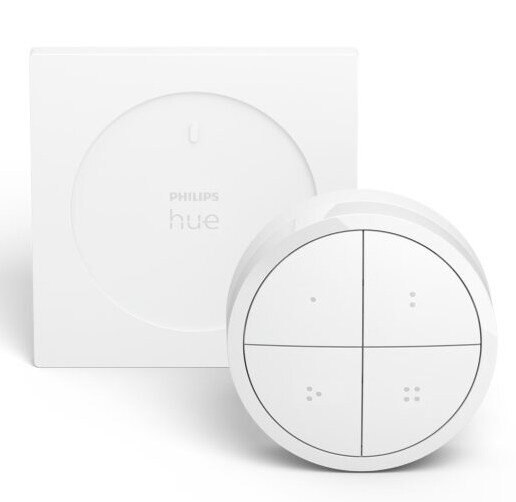 Biały ściemniacz Philips Hue i jego kwadratowa podstawa na białym tle.