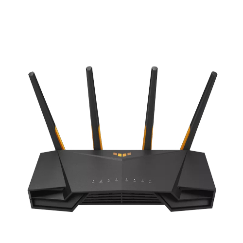 Ein schwarzer und orangefarbener Router mit vier Antennen auf weißem Hintergrund.