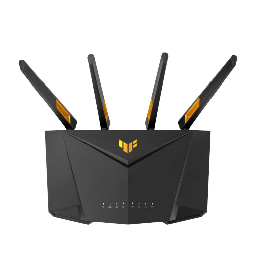 Schwarzer Router mit Antennen. Der Router hat ein gelbes Logo und vier Antennen.