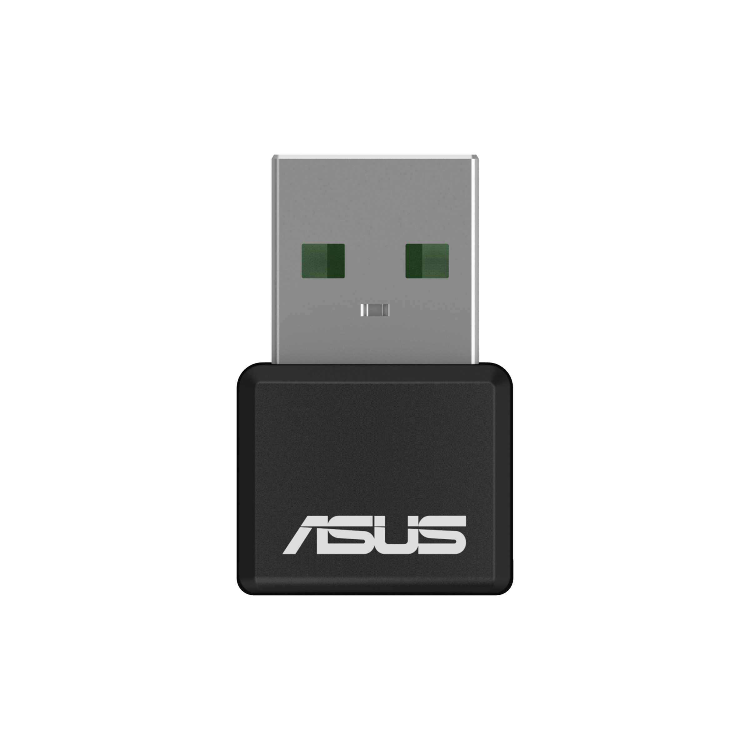 Schwarzer ASUS USB-Adapter. ASUS-Logo auf dem Adapter. Weißer Hintergrund.