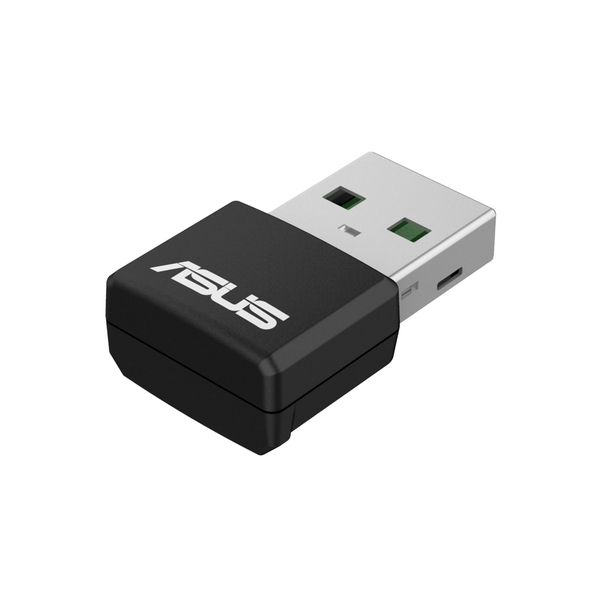 Ein schwarzer USB-Adapter mit dem Asus-Logo und einem silbernen USB-Anschluss.