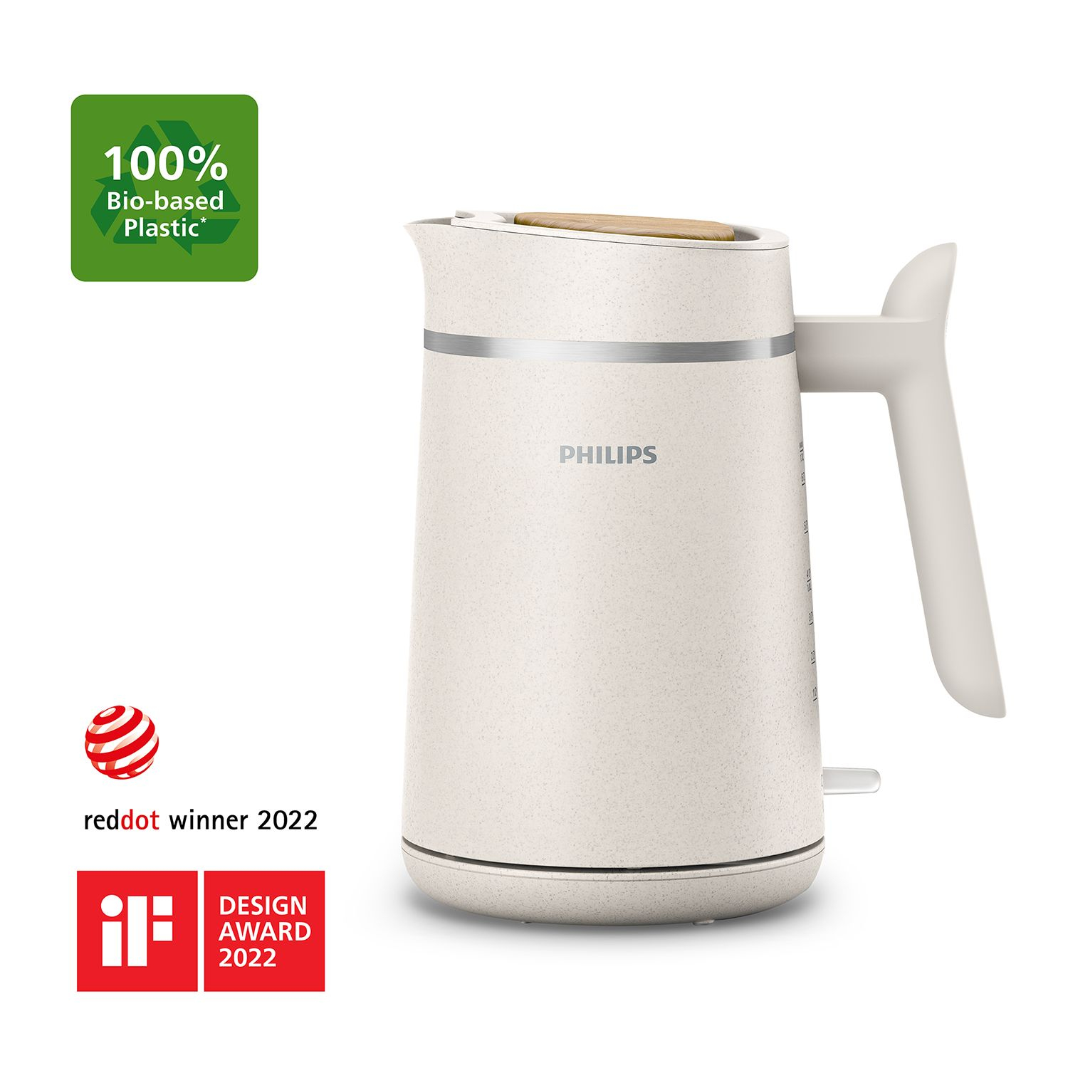 Cream-colored Philips kettle with a wooden handle and a white handle, white background.
