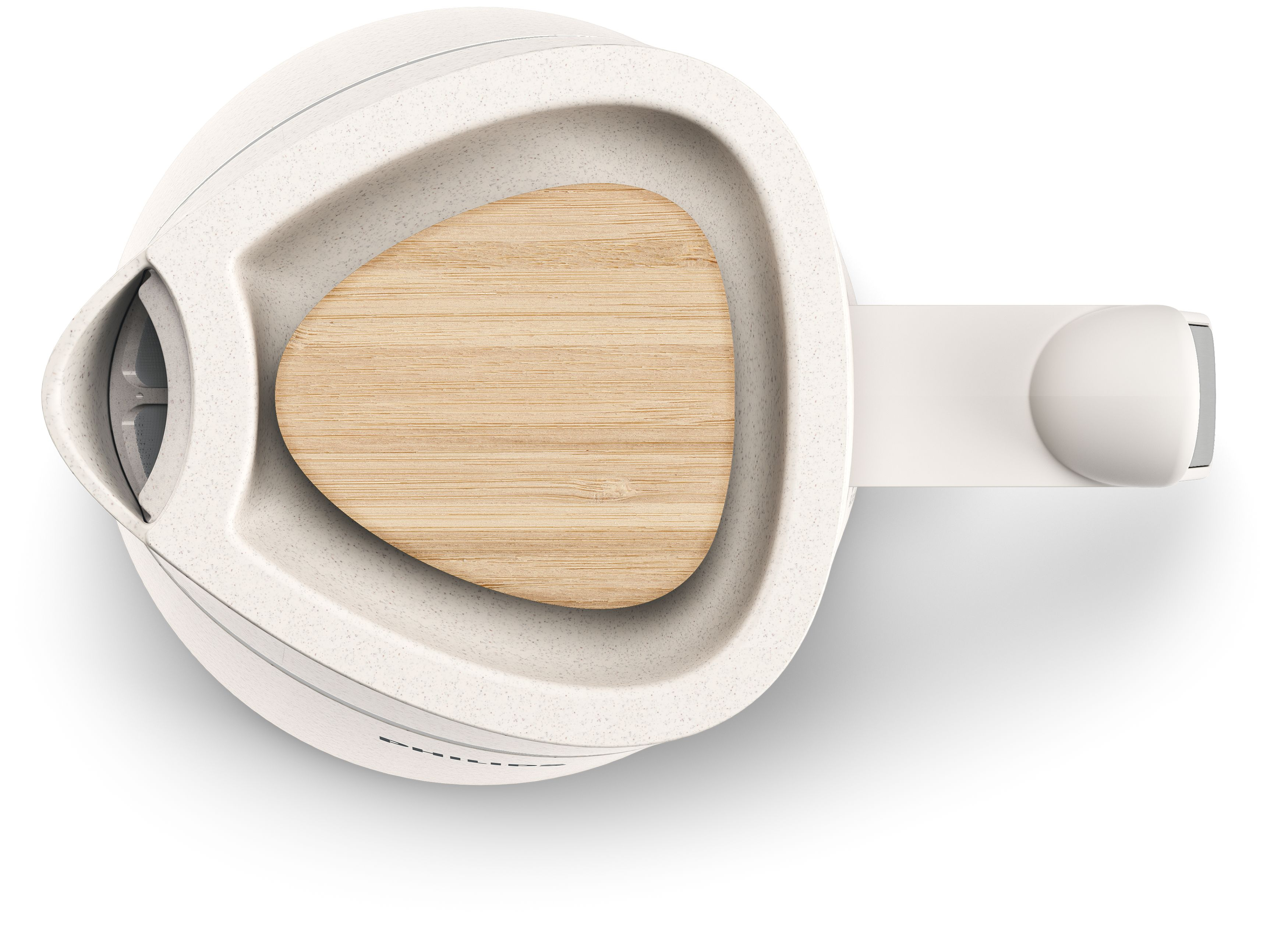 White and wood-toned Philips kettle, top view. Shows the design and wooden accents.
