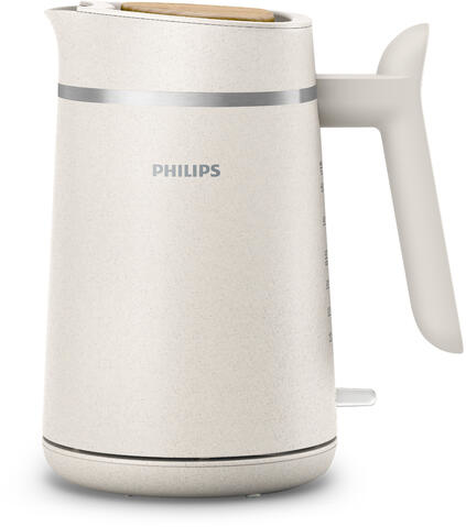 Cream-colored electric kettle with a wooden handle and a silver band.