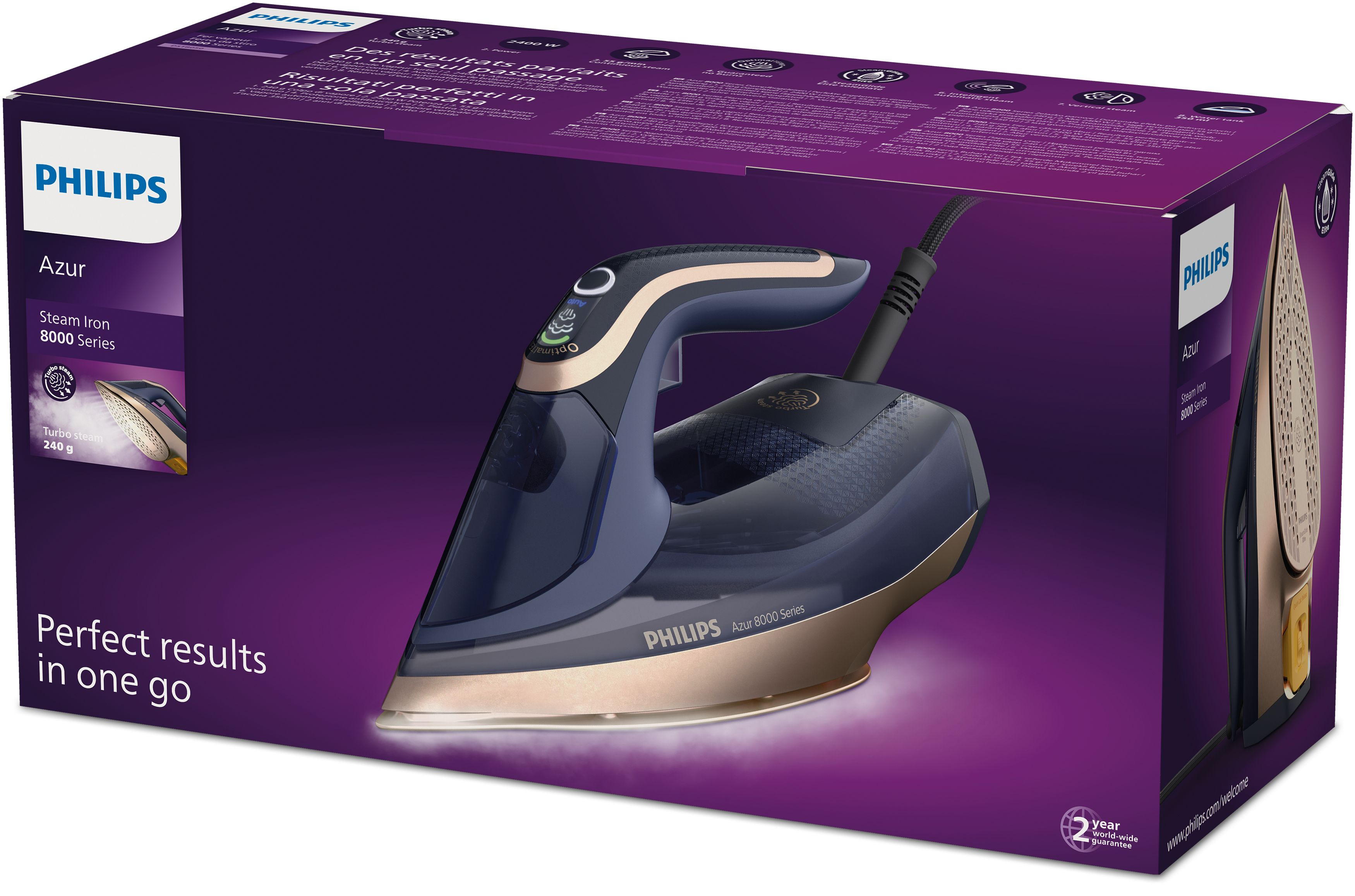 Boîte de fer à repasser à vapeur Philips Azur. La boîte est violette avec une image du fer.