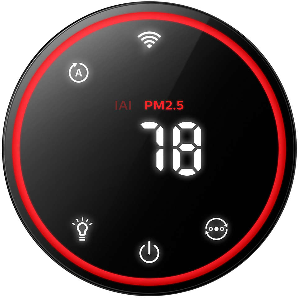 Zwart-rode luchtkwaliteitsmonitor, toont PM2.5 waarde van 78.