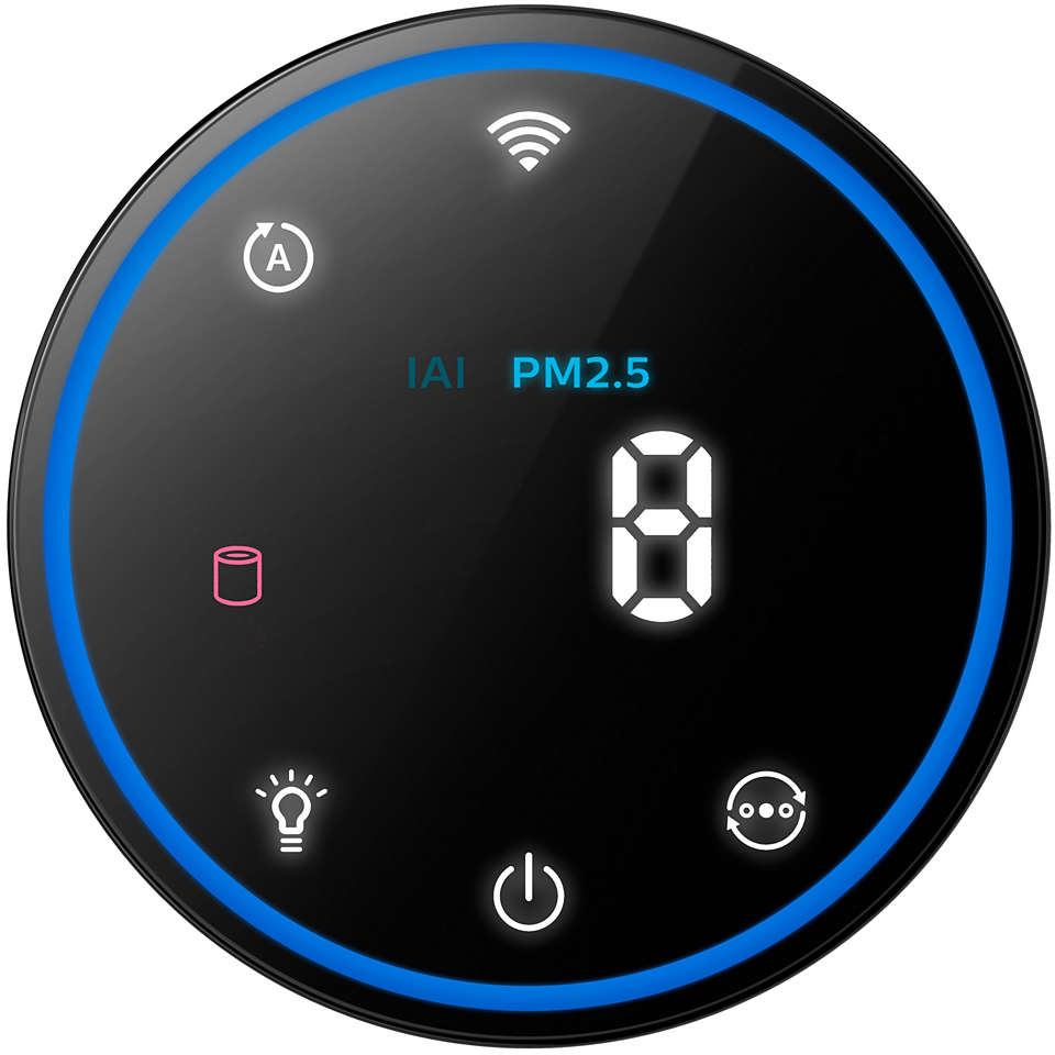 Zwart digitaal display met iconen en nummers, omringd door een blauwe ring.