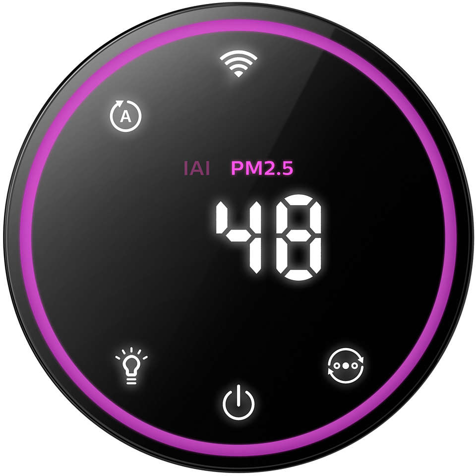 Een zwart, rond Philips-apparaat geeft luchtkwaliteitsgegevens weer. In het midden staat het getal 48.