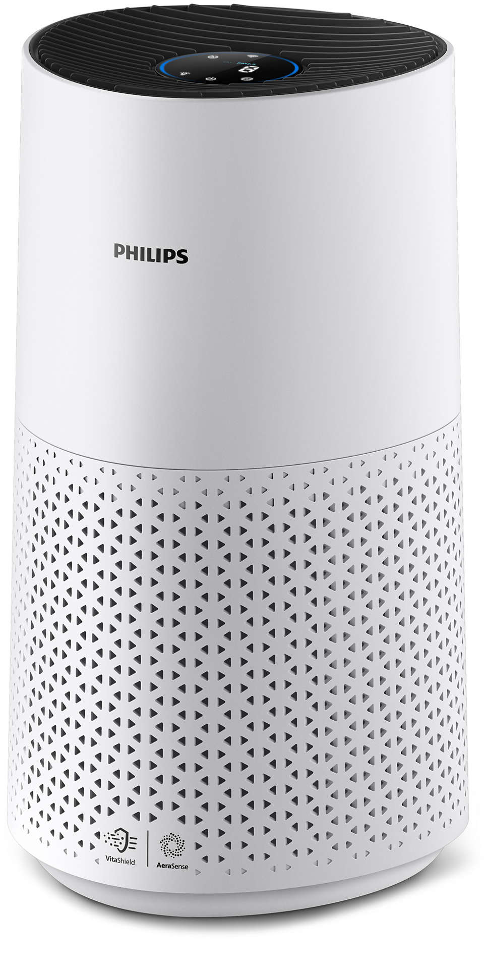 Witte Philips luchtreiniger met zwarte bovenkant en geperforeerde onderkant. Witte achtergrond.