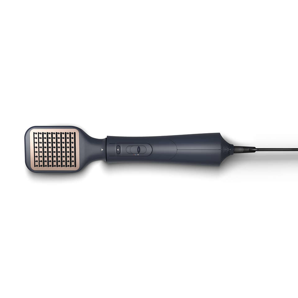 A Philips hair styling brush, flat. Black and gold colors. The cord is black.