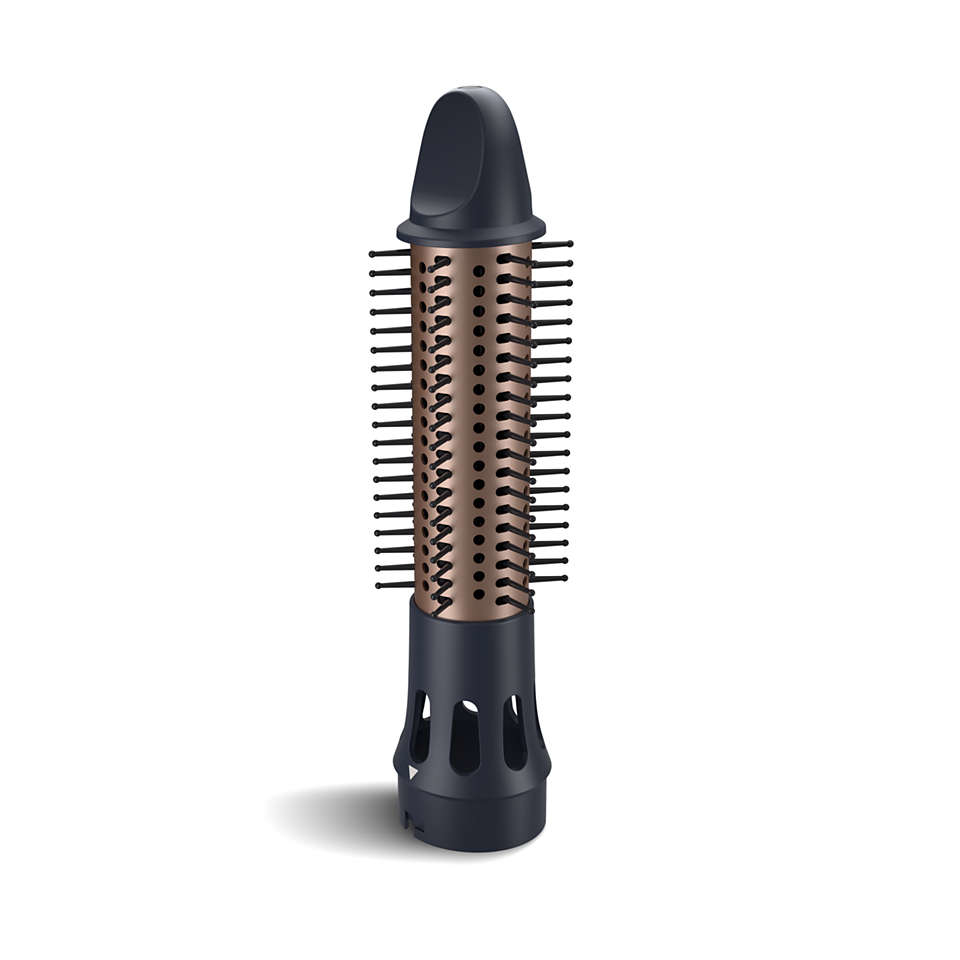 A black and gold curling brush for hair styling, isolated on white background.