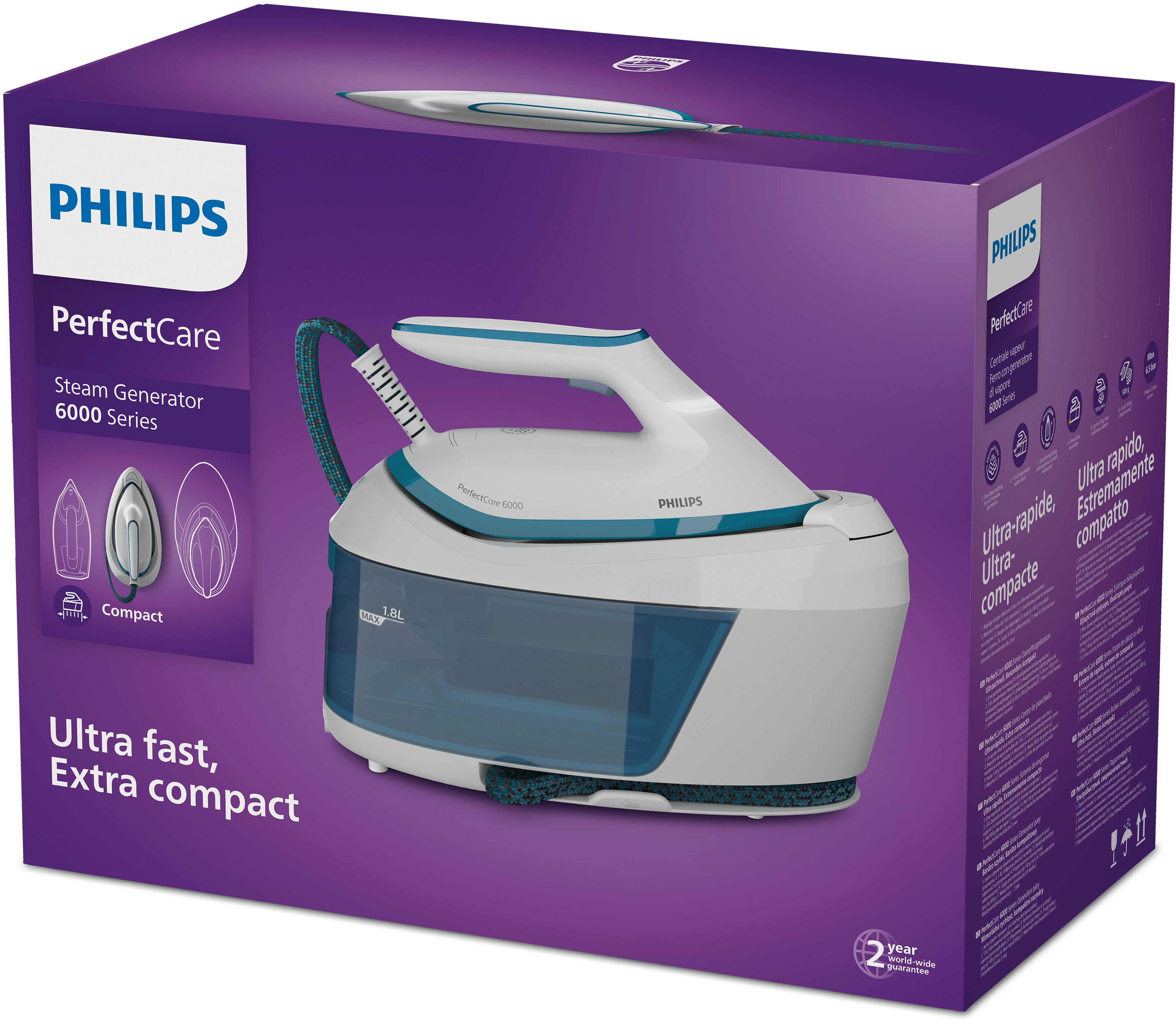 Philips steam generator iron in box. White and blue colors. Text: PerfectCare 6000 Series.