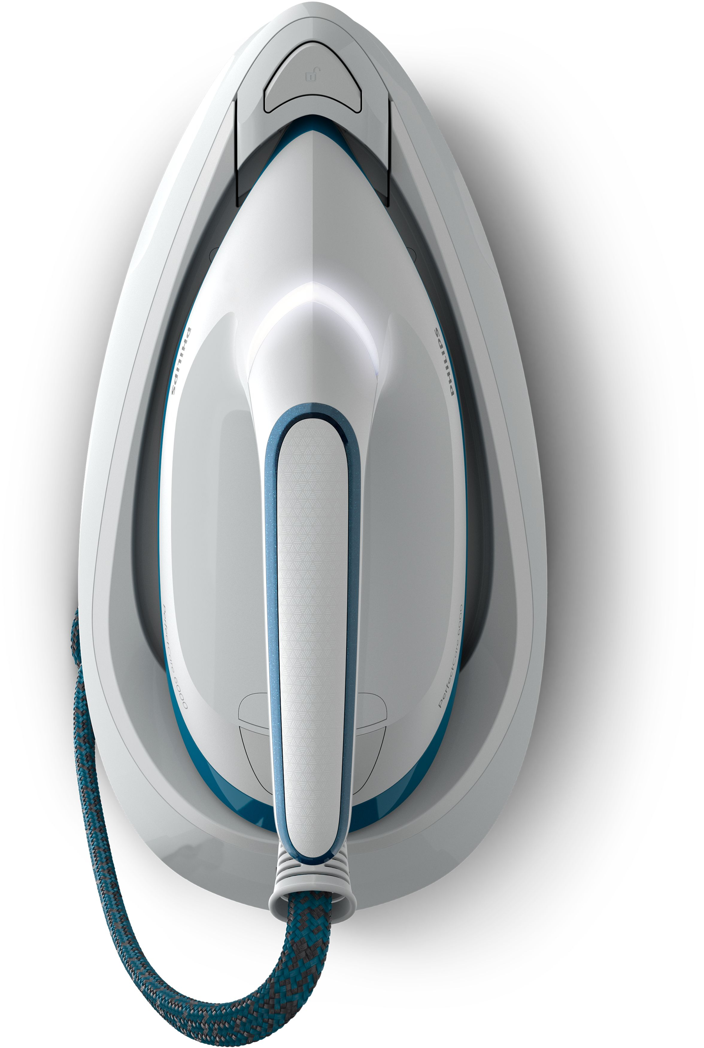 White and blue iron, top view, with a blue and grey cord.