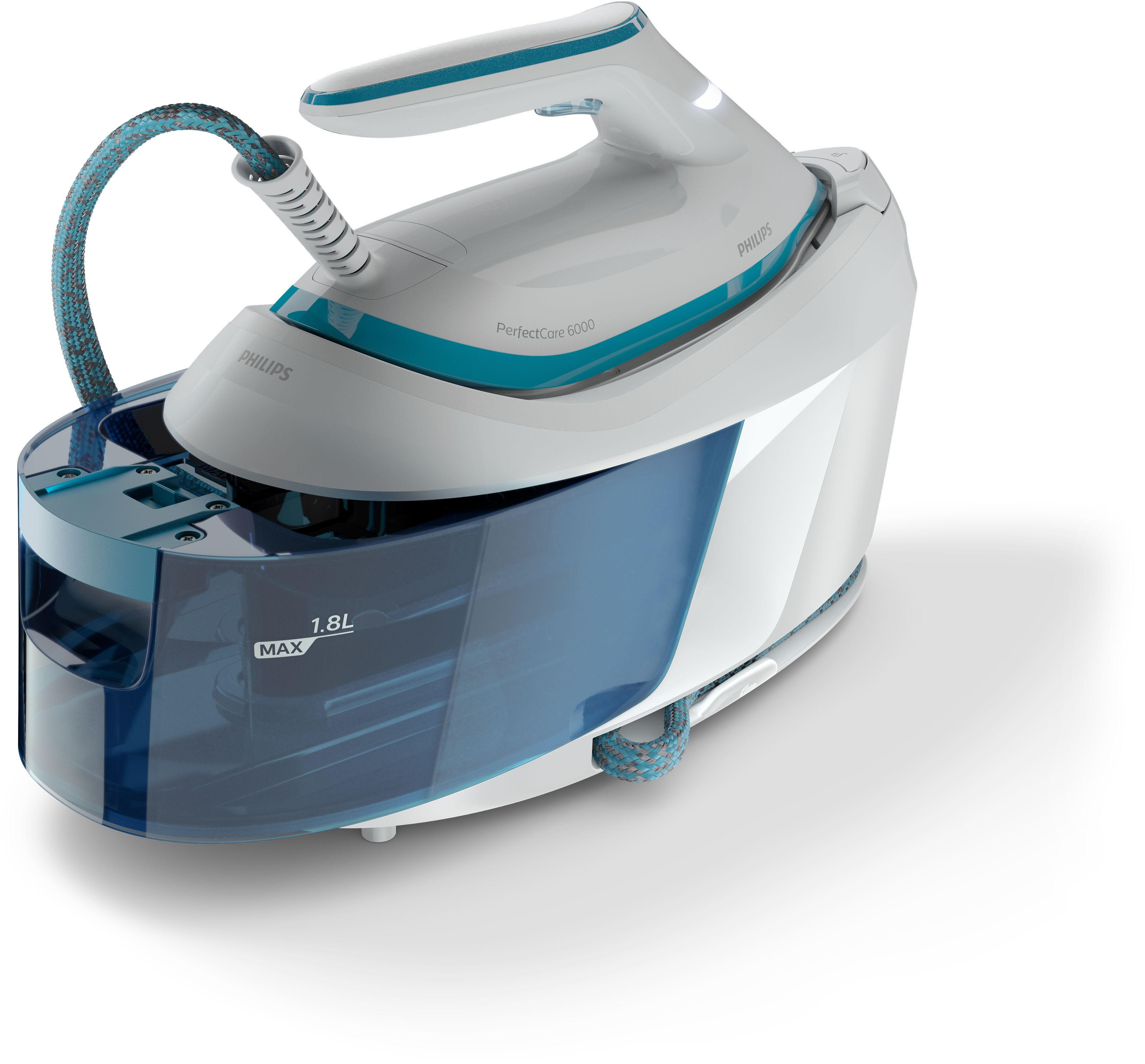 White and blue Philips iron with a water tank, on a white background, angled view.
