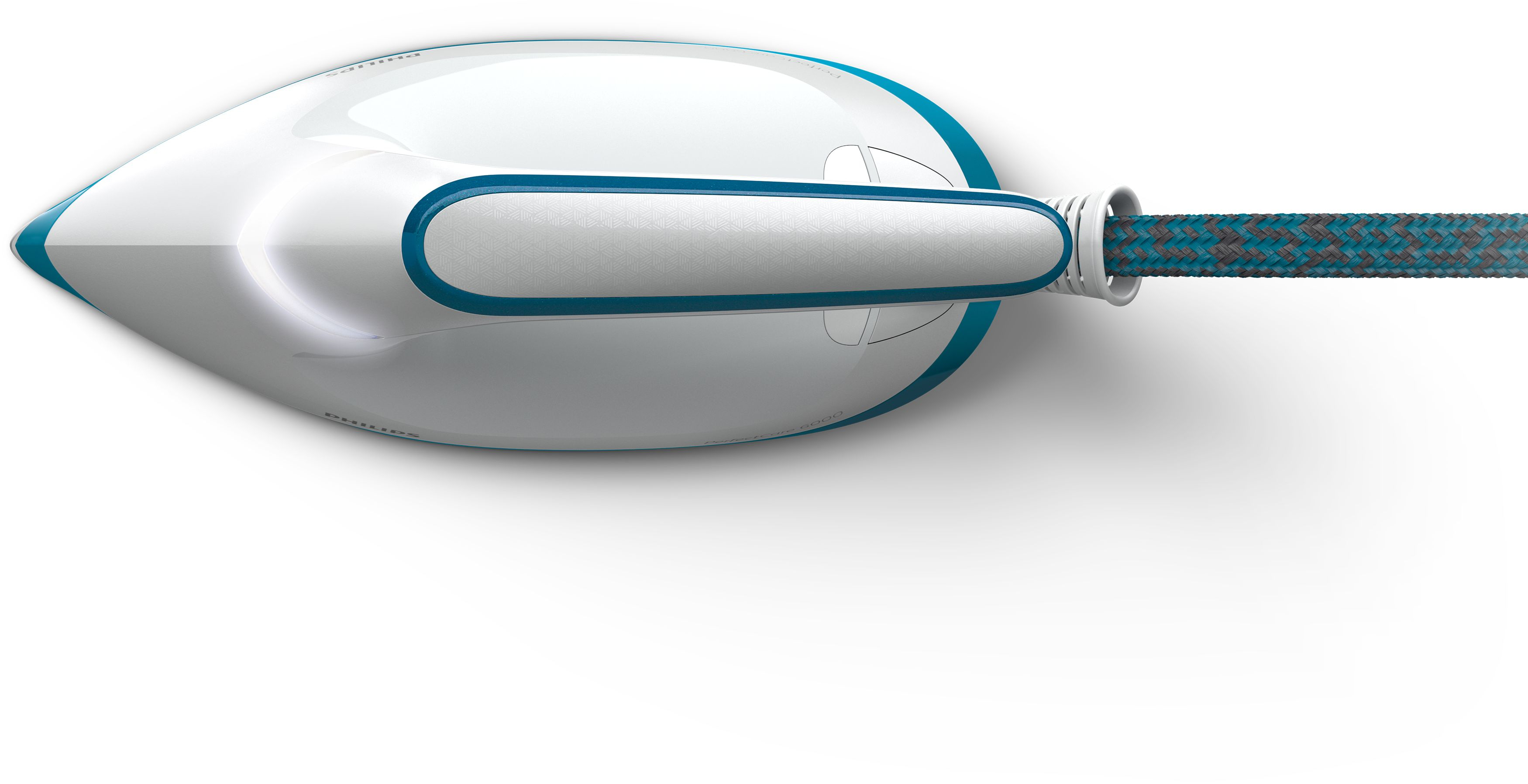 White iron, top view. Blue accents. The cord is visible. White background.