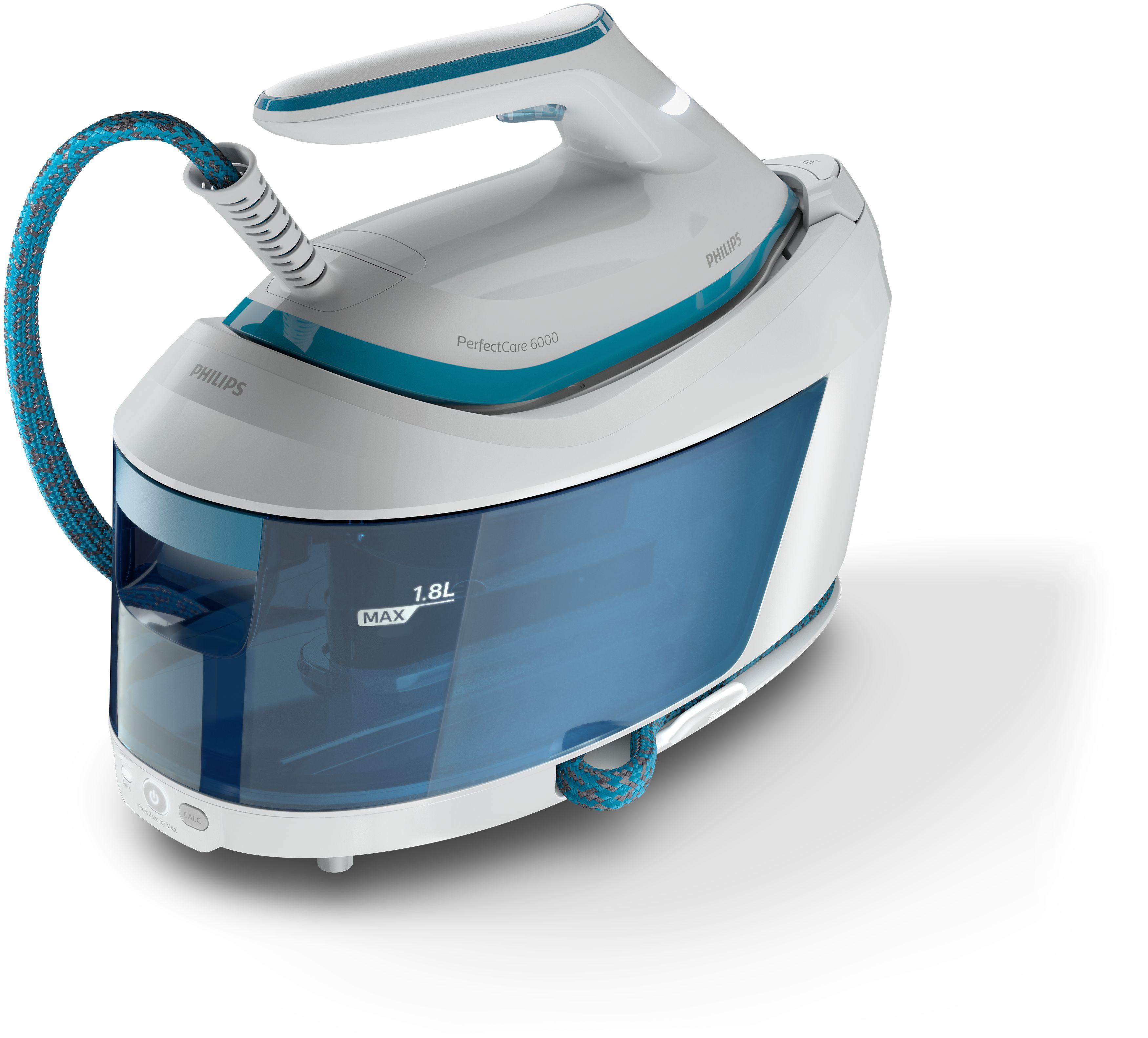 White and blue iron with a blue hose.  Water tank visible, angled shot.