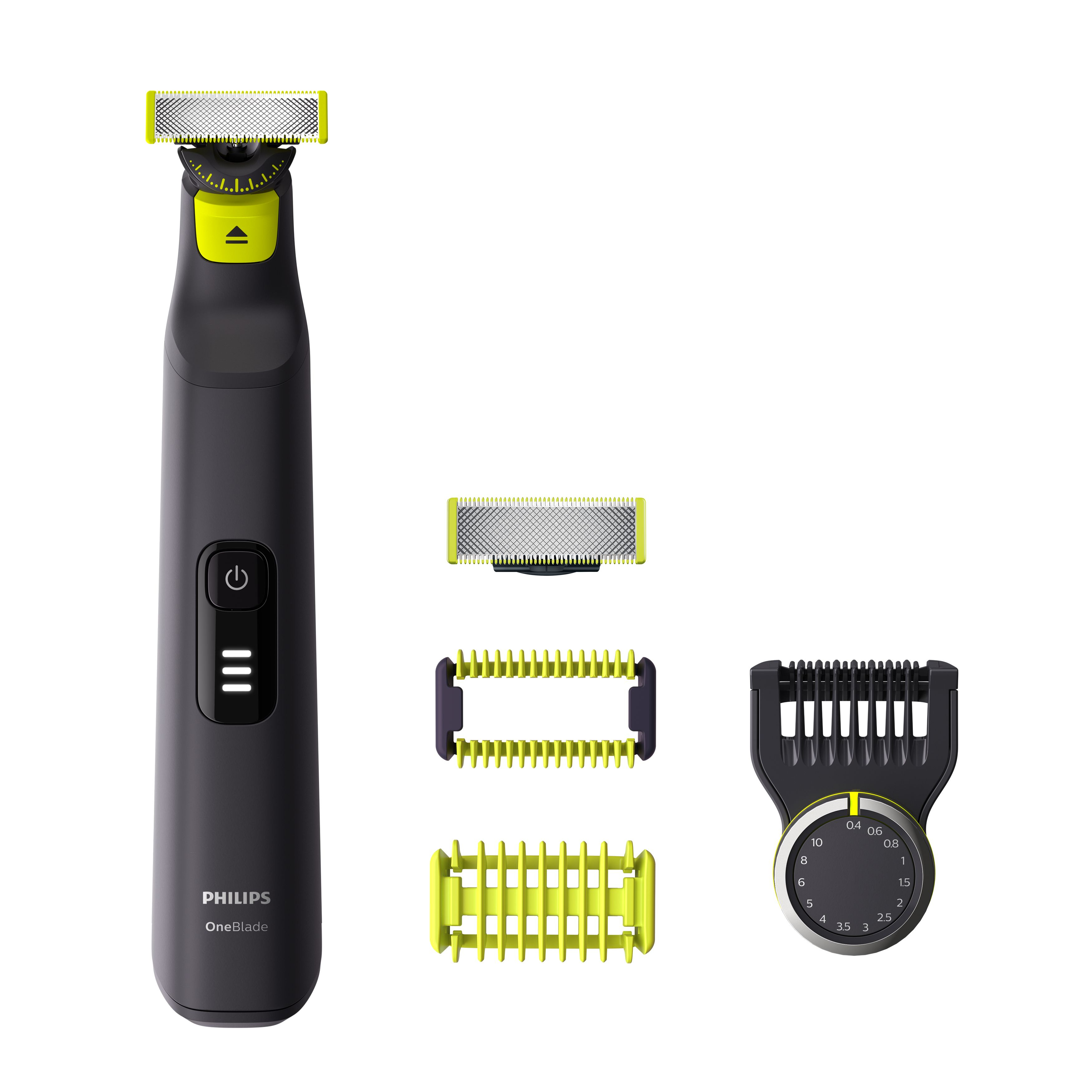 Zwart-gele Philips OneBlade trimmer en de verschillende opzetstukken tegen een witte achtergrond.