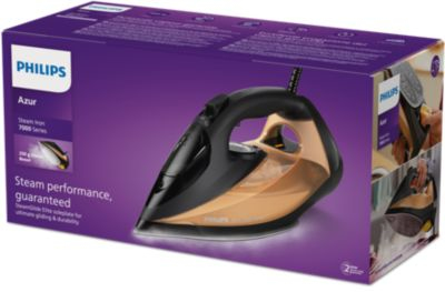 Boxed Philips Azur iron. Black and tan iron is visible. Box is purple with product details.