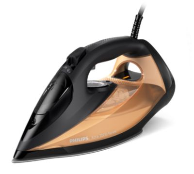 Black and gold Philips iron. Angled view.  Black handle. Metallic gold water tank.