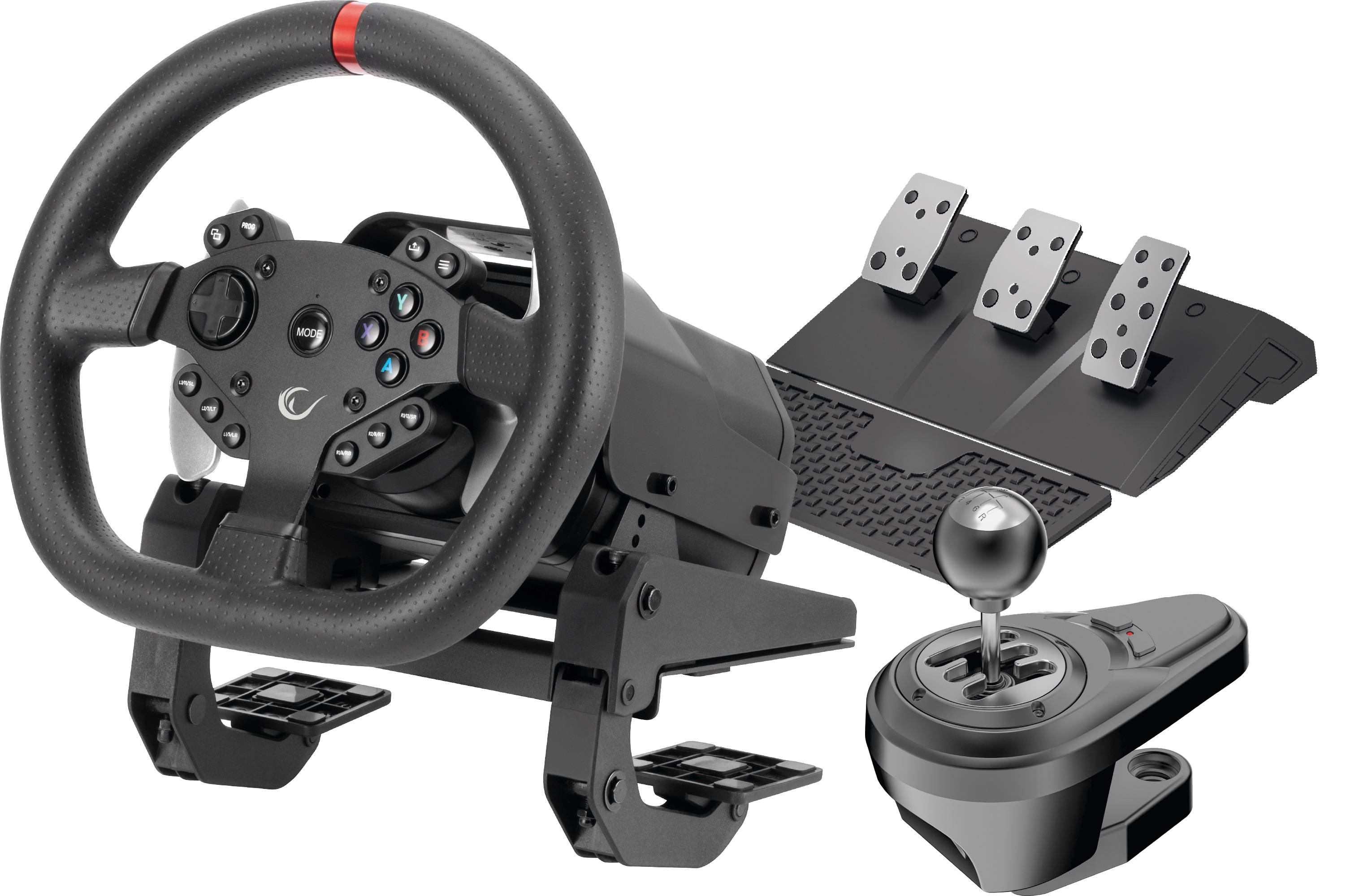 Siyah bir yüzeyde oyun direksiyonu, pedallar ve vites kolu seti.