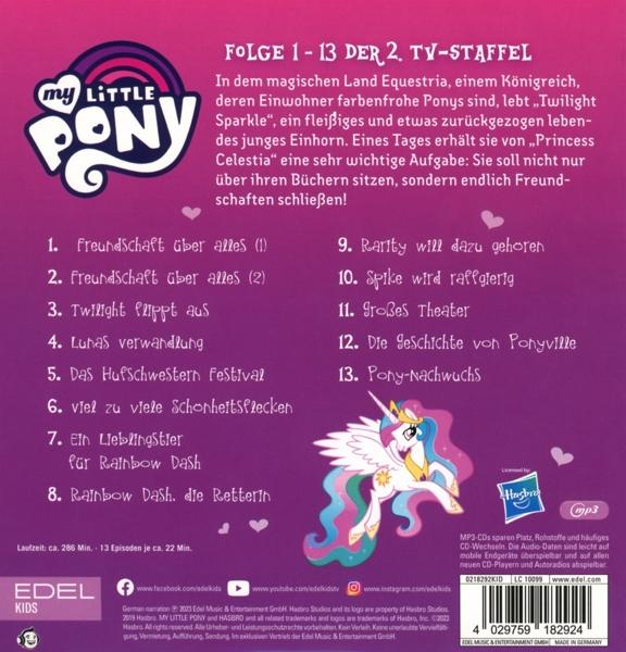 Rückseite einer My Little Pony DVD-Hülle mit Text und Bildern.