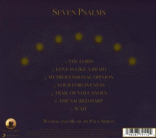 Albumcover: Seven Psalms mit Titelliste auf dunklem lila Hintergrund. Goldene Kreise und Text.