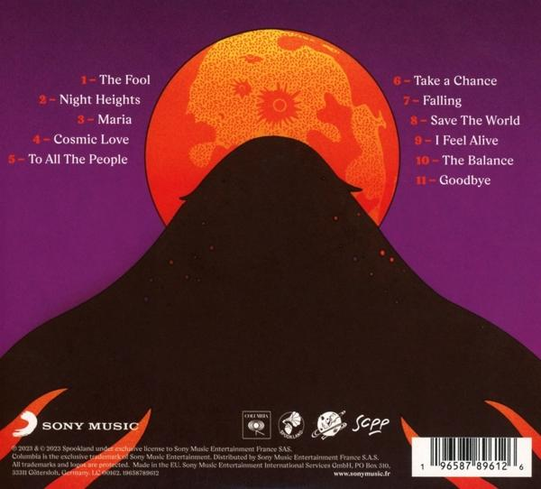 CD-Cover mit Songtiteln auf dunklem Hintergrund. Ein dunkler Berg und eine rote Sonne sind sichtbar.