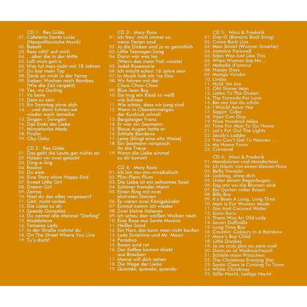 Eine Seite aus einem Musik-CD-Booklet mit Songtiteln auf Deutsch und Englisch.