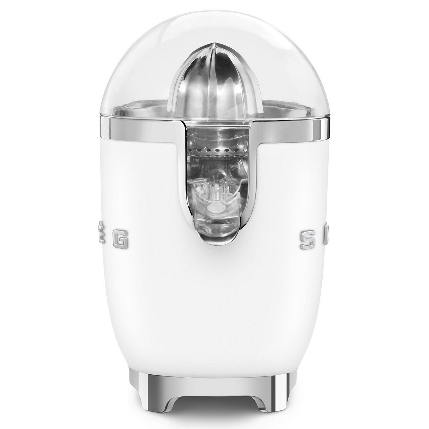 Presse-agrumes blanc avec dôme transparent et détails argentés. L'avant porte un logo. Il a un design rétro.