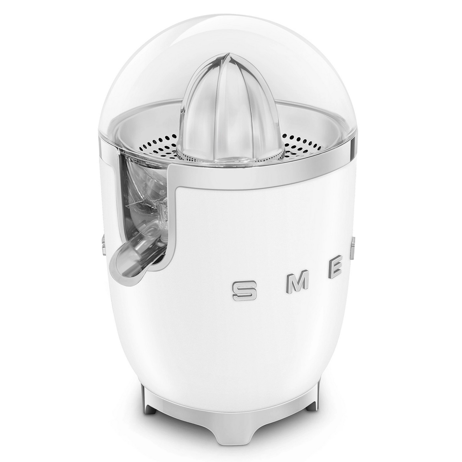 Un presse-agrumes SMEG blanc. Il a un dôme et un cône en plastique transparent, avec un bec verseur en acier inoxydable. La base est blanche et ovale.