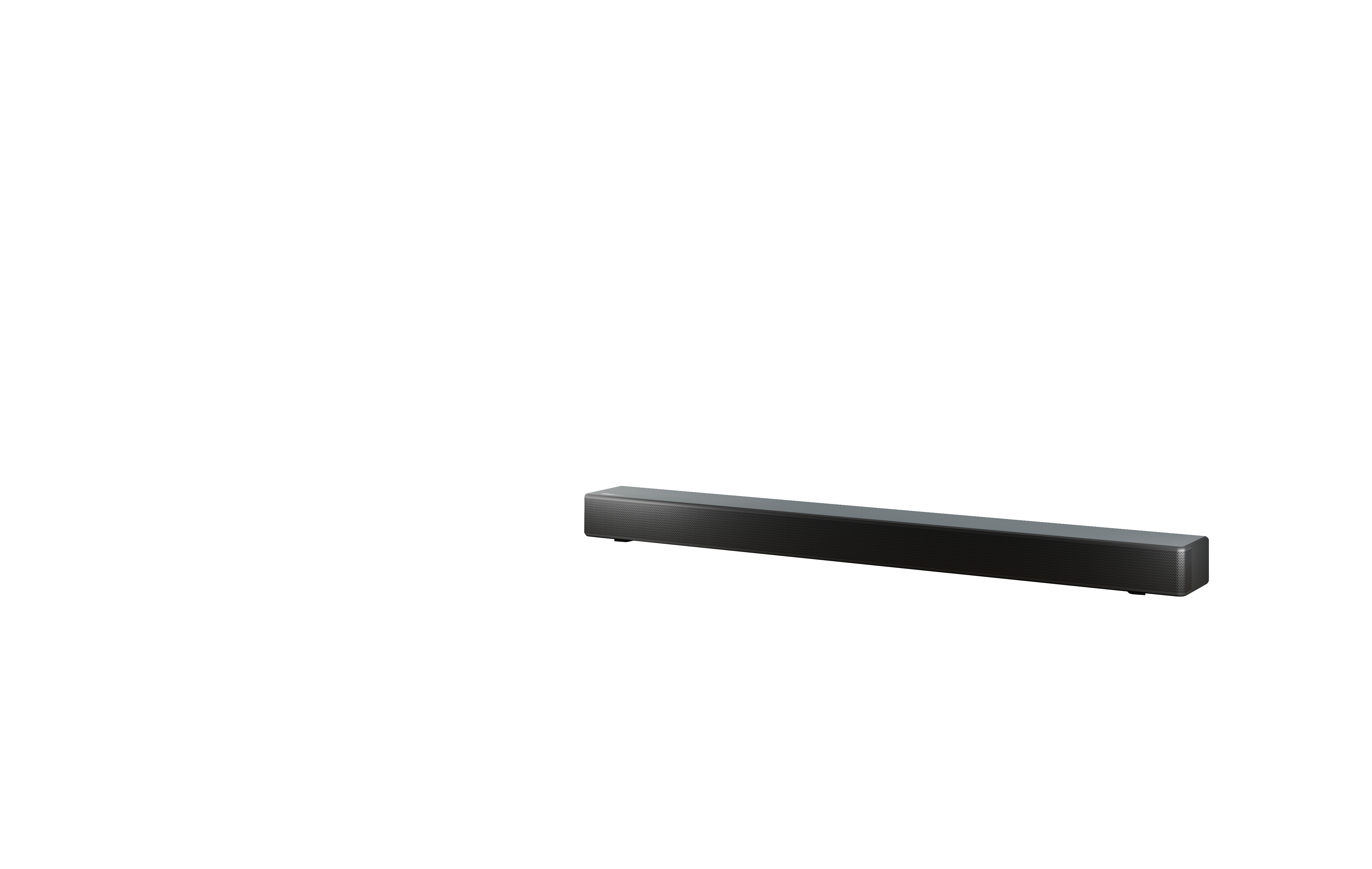 Schwarze Soundbar auf weißem Hintergrund. Rechteckige Form, leicht abgewinkelt. Produktplatzierung für Audio.