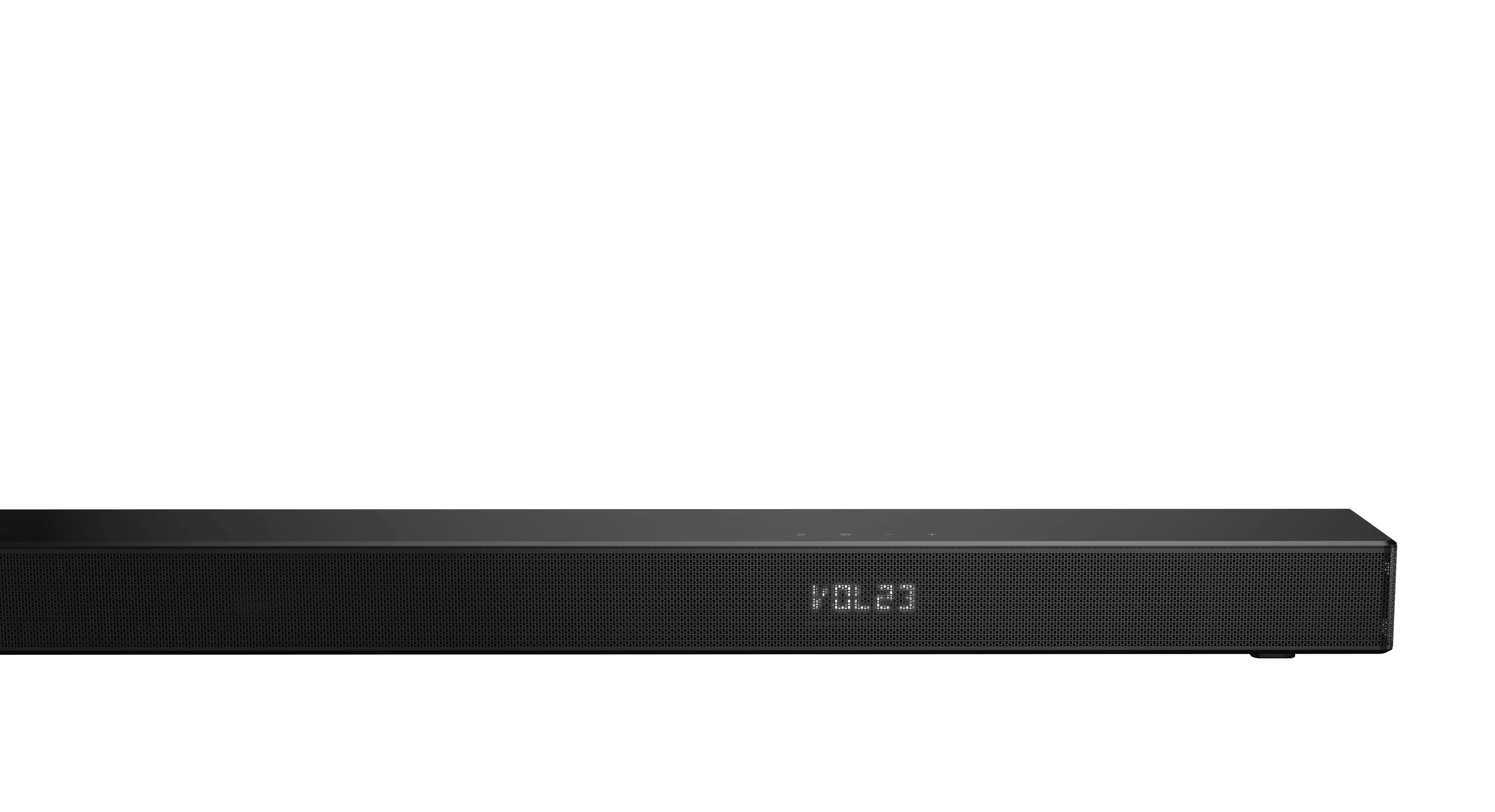Schwarze Soundbar mit Lautstärkeanzeige. Weißer Hintergrund.