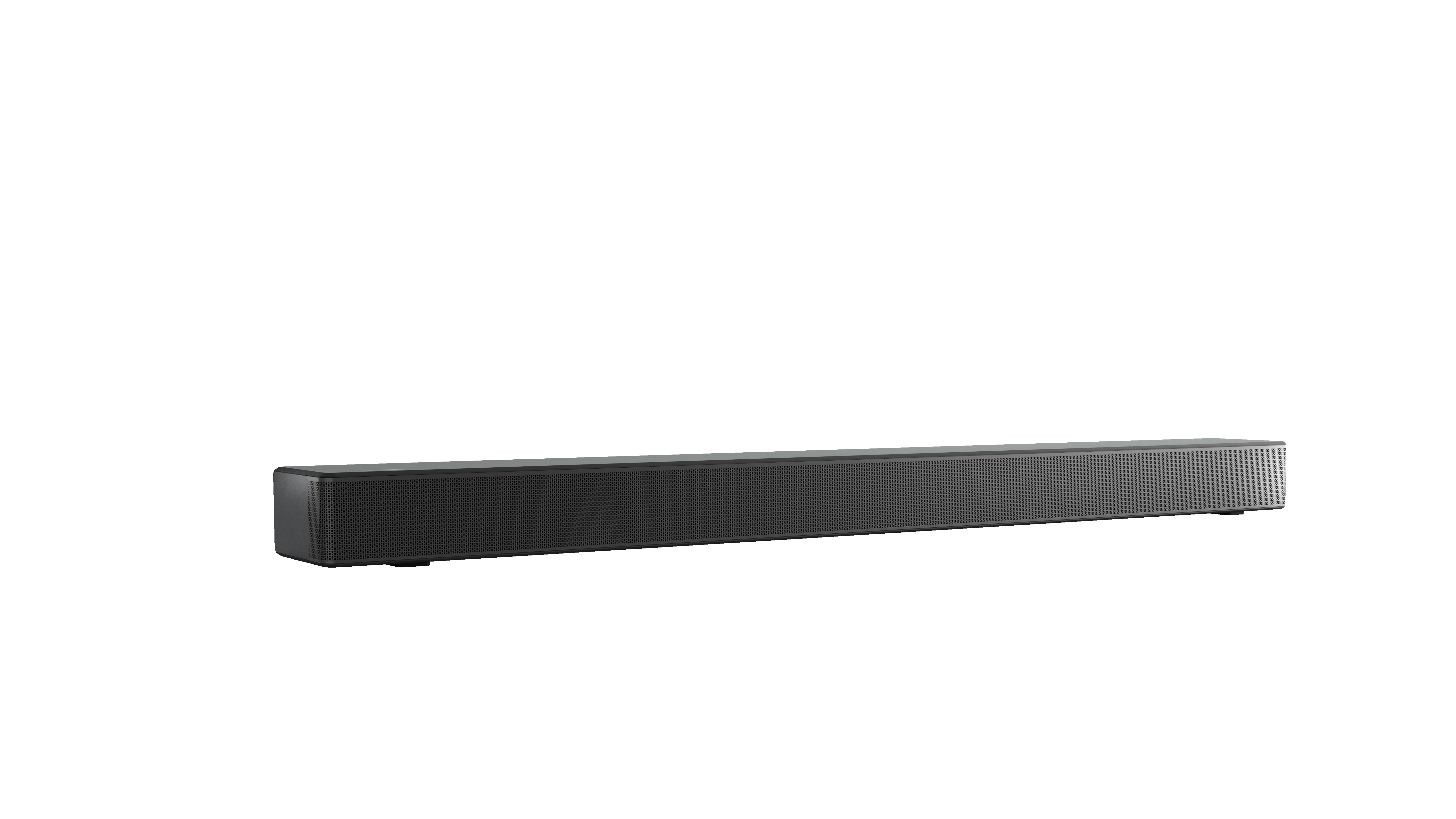 Schwarze Soundbar auf weißem Hintergrund.