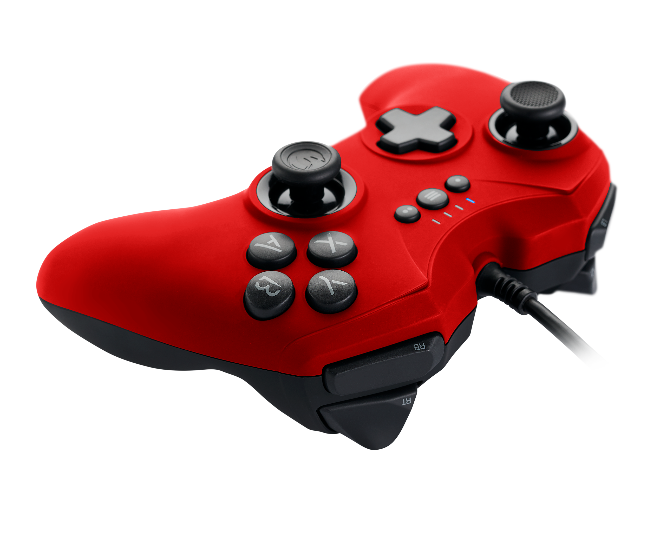 Controlador de gamepad rojo con botones negros. Vista de cerca, fondo negro.