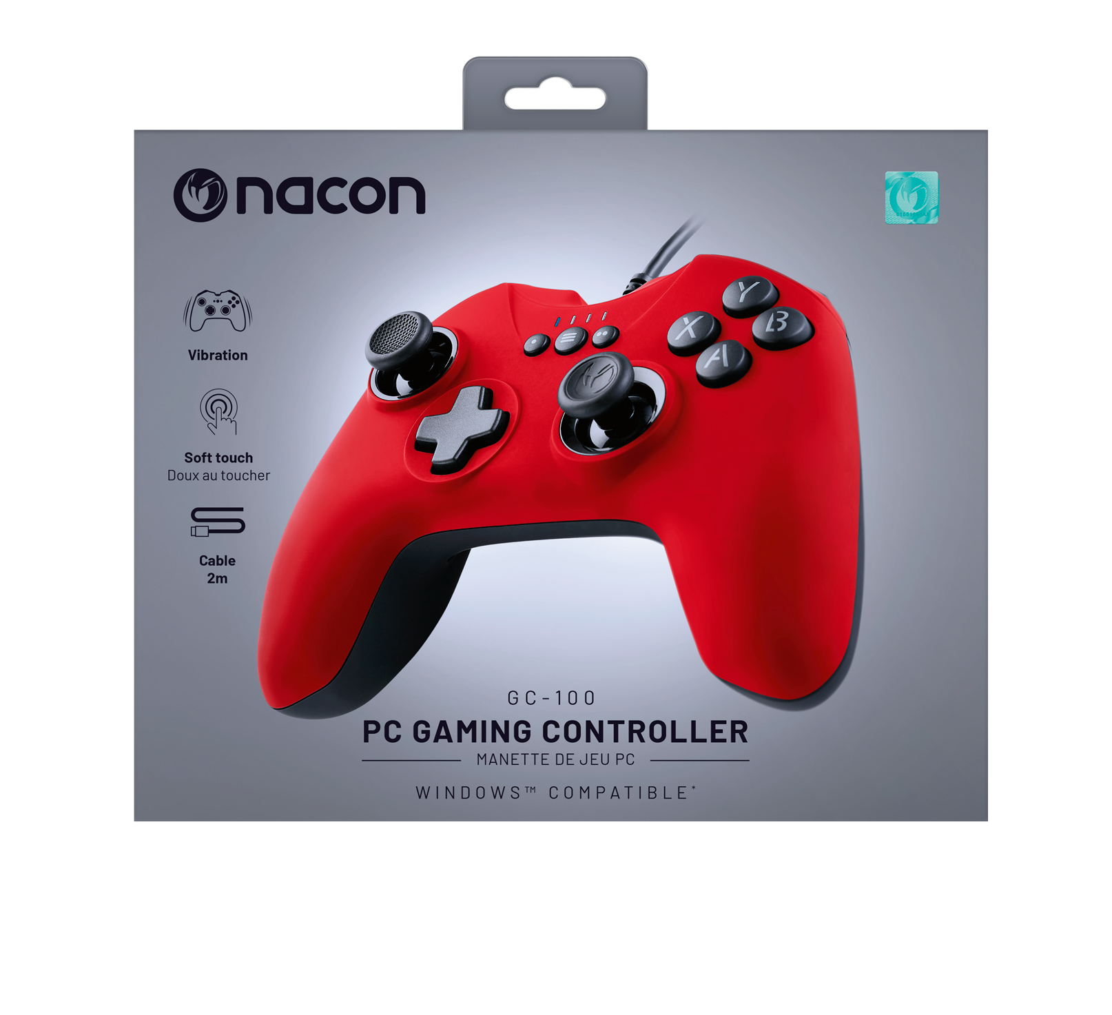 Mando de juegos para PC Nacon GC-100 rojo en su embalaje. Con vibración y tacto suave.