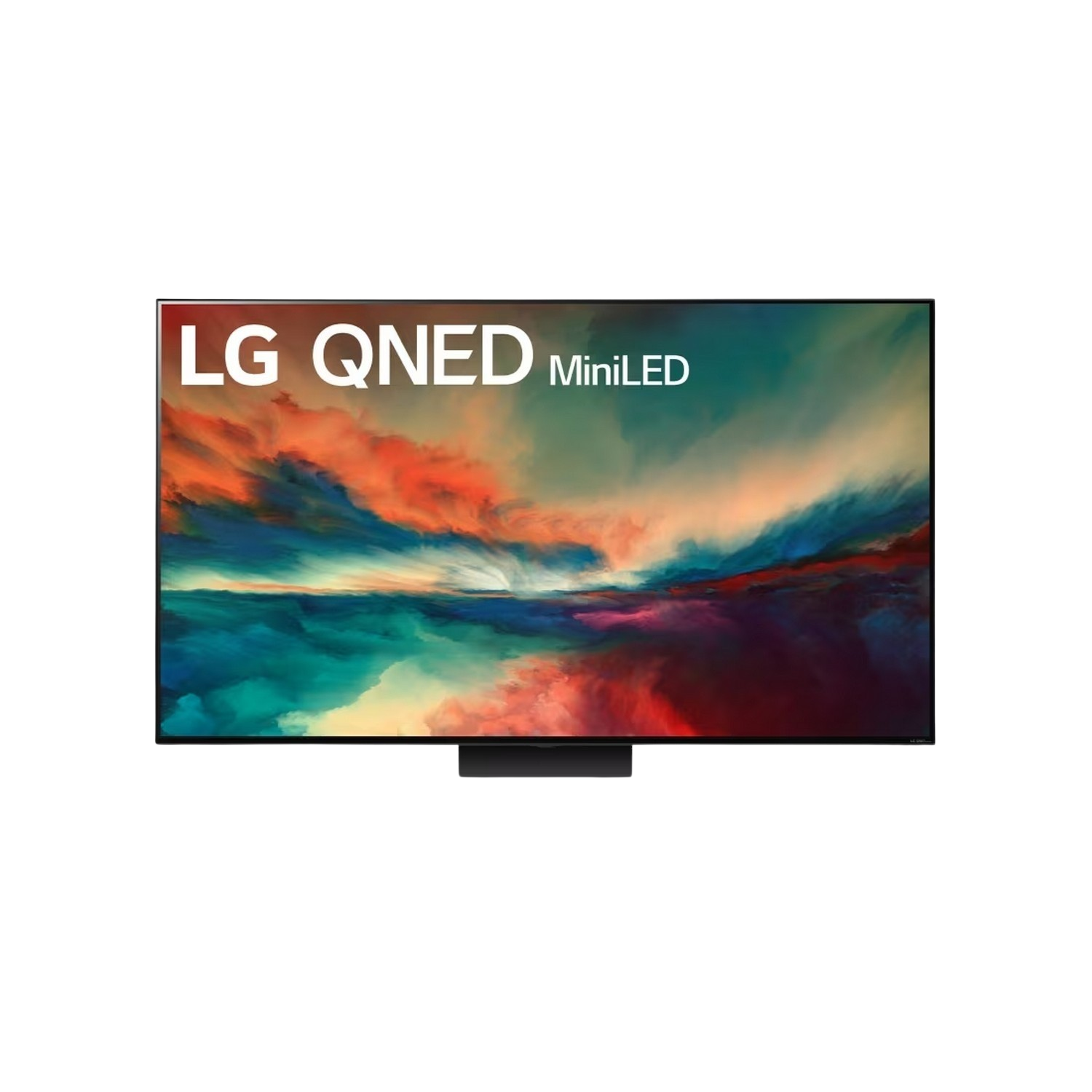 Écran de télévision LG QNED MiniLED. L'écran affiche une image abstraite colorée. Bordure noire.