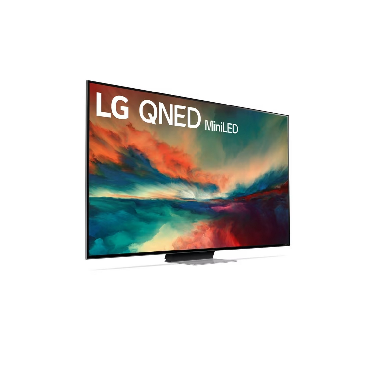 Un téléviseur LG QNED MiniLED noir, avec l'écran allumé, vu en biais.