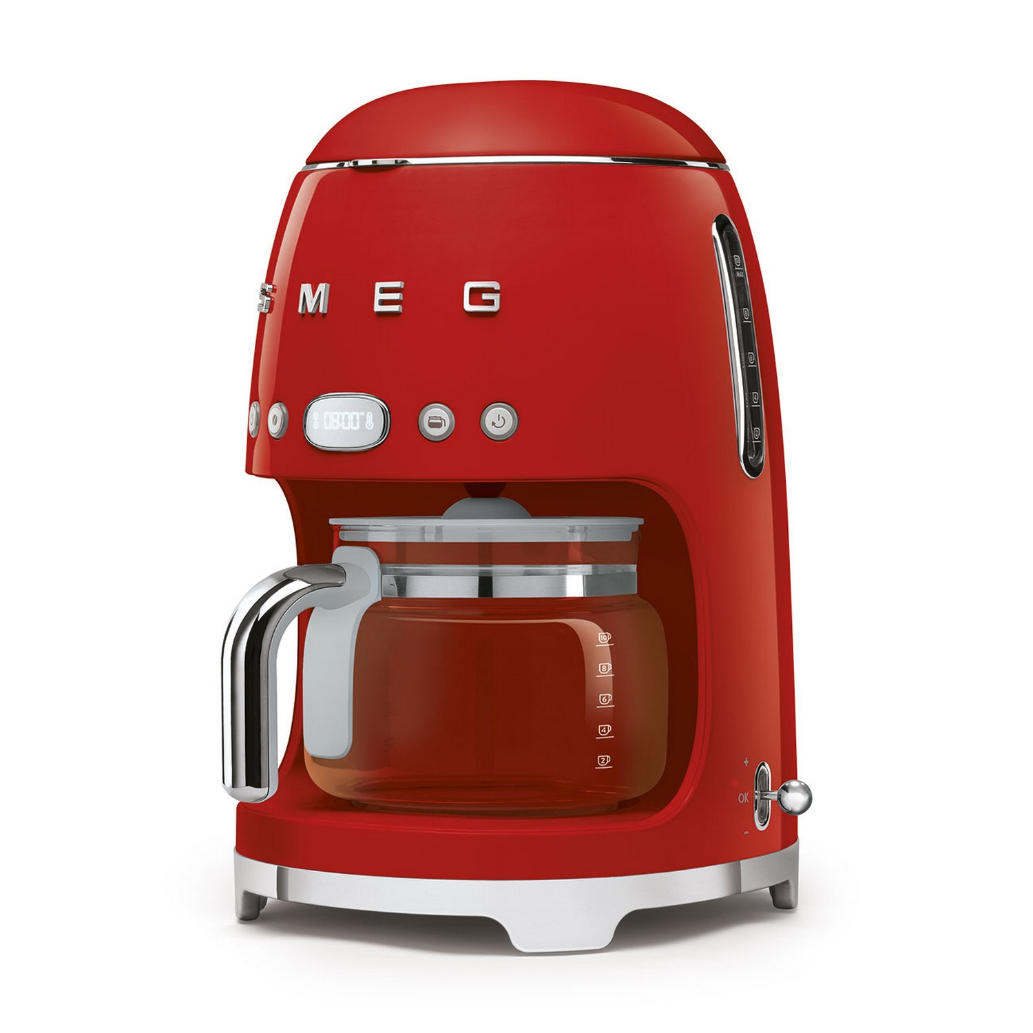 Rode Smeg koffiezetapparaat op een wit oppervlak. Transparante kan zichtbaar.