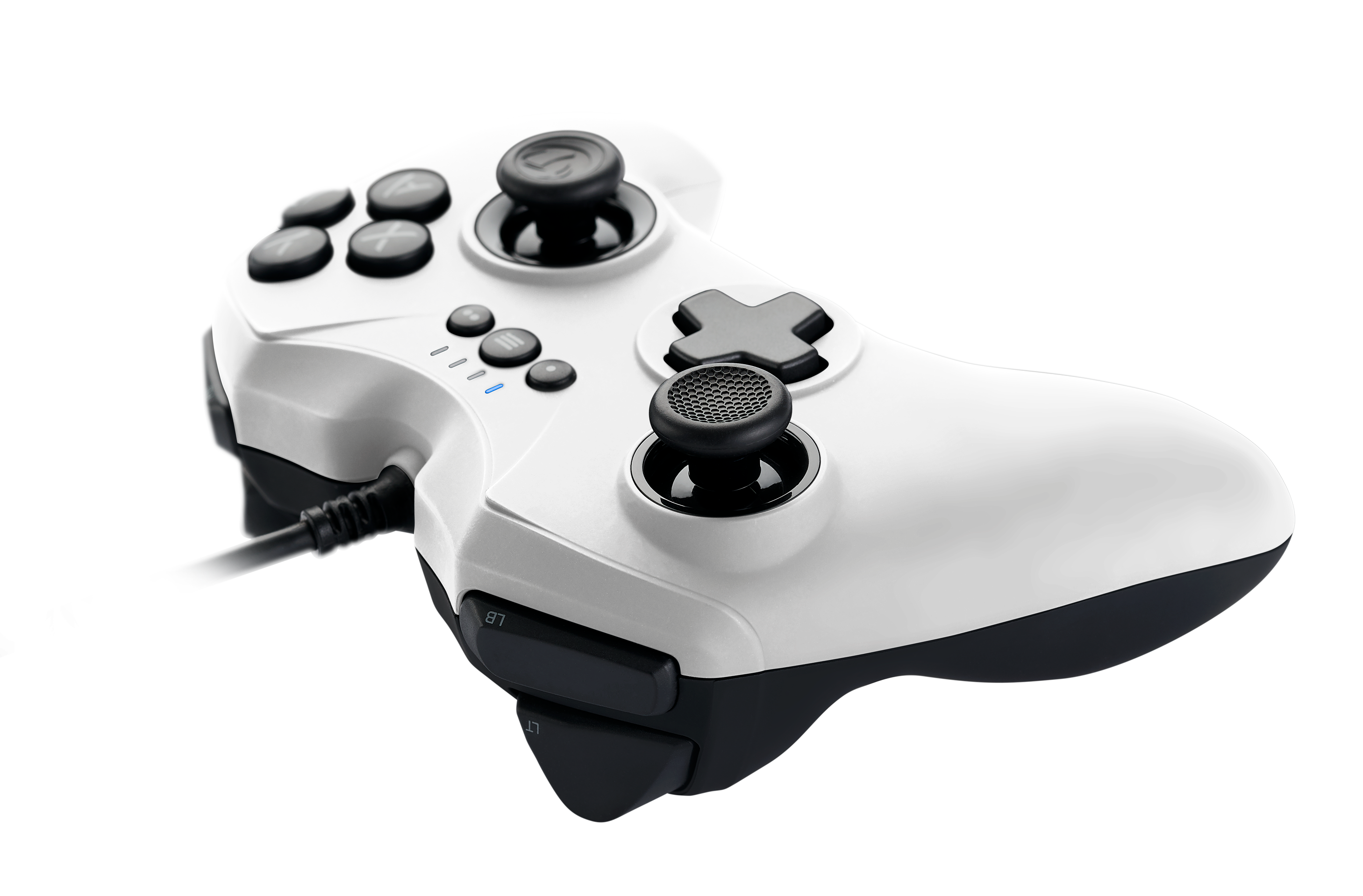Mando de juego blanco con botones negros, conectado a un cable negro.