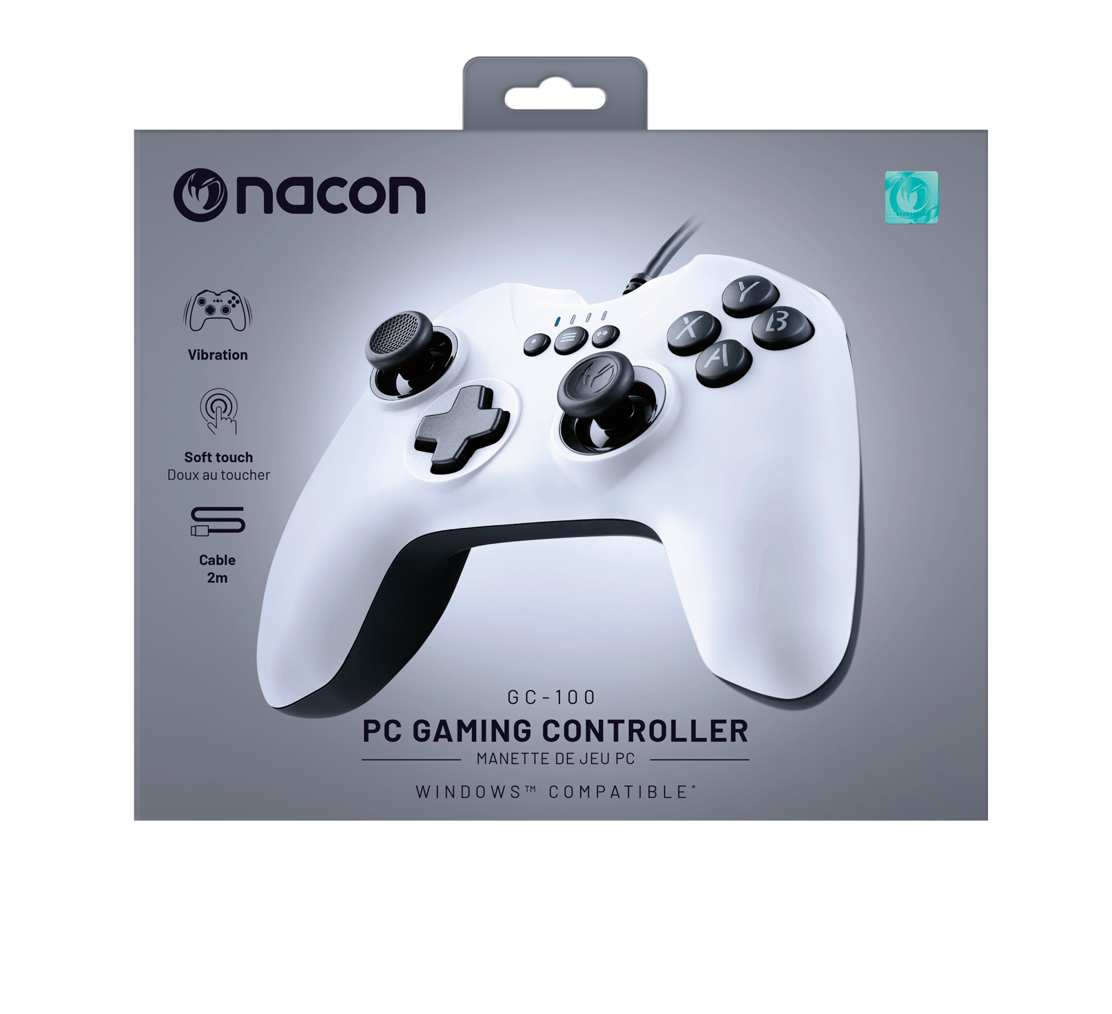 Un mando de juegos para PC Nacon GC-100 blanco en una caja, con funciones en el lateral.