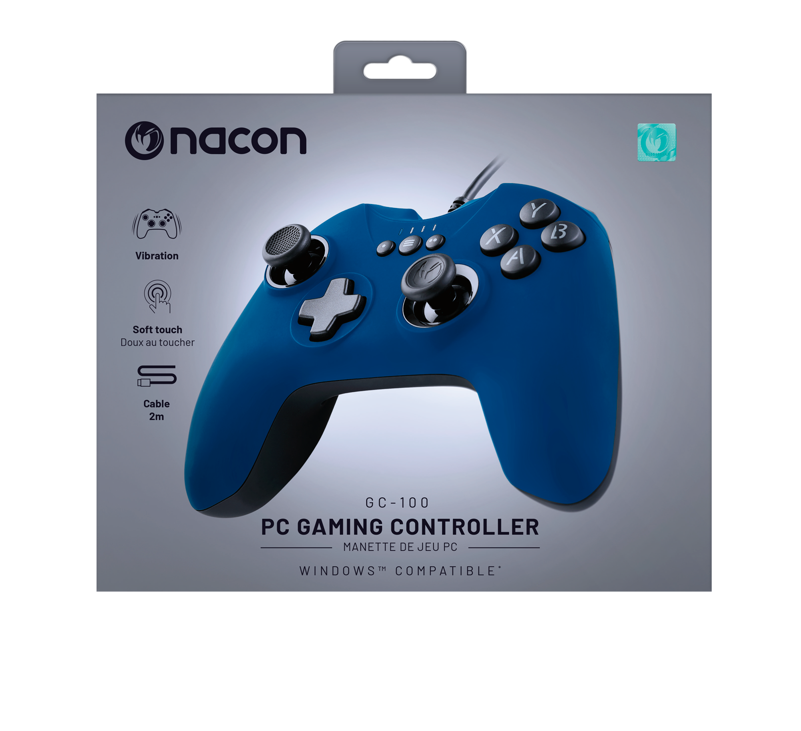 Mando de juegos azul en su caja. Incluye vibración, tacto suave y un cable de 2 m.