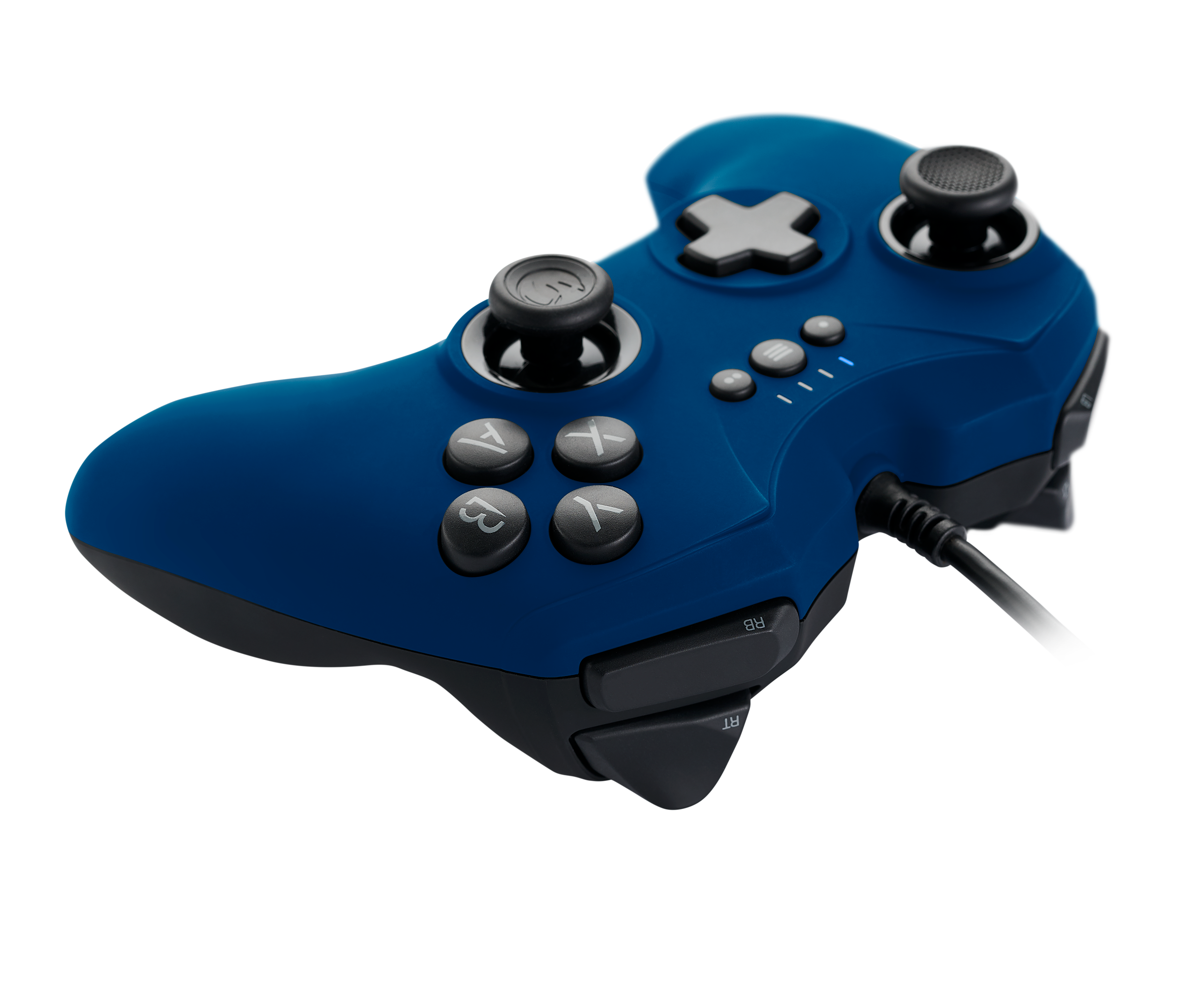 Mando de juegos azul con botones negros y un cable negro.