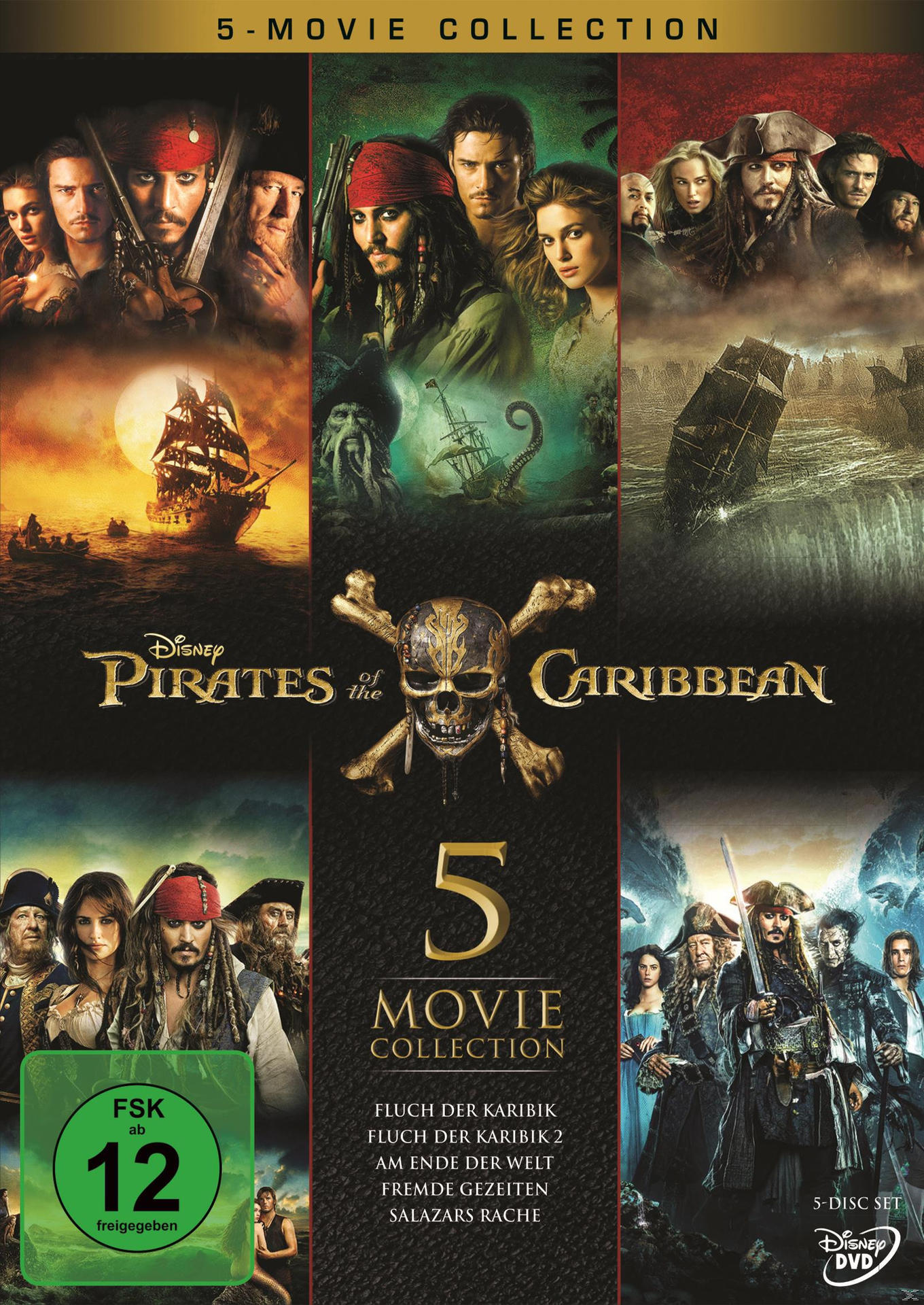 DVD-Hülle mit Pirates of the Caribbean Filmsammlung. Fünf Filmcover werden gezeigt.