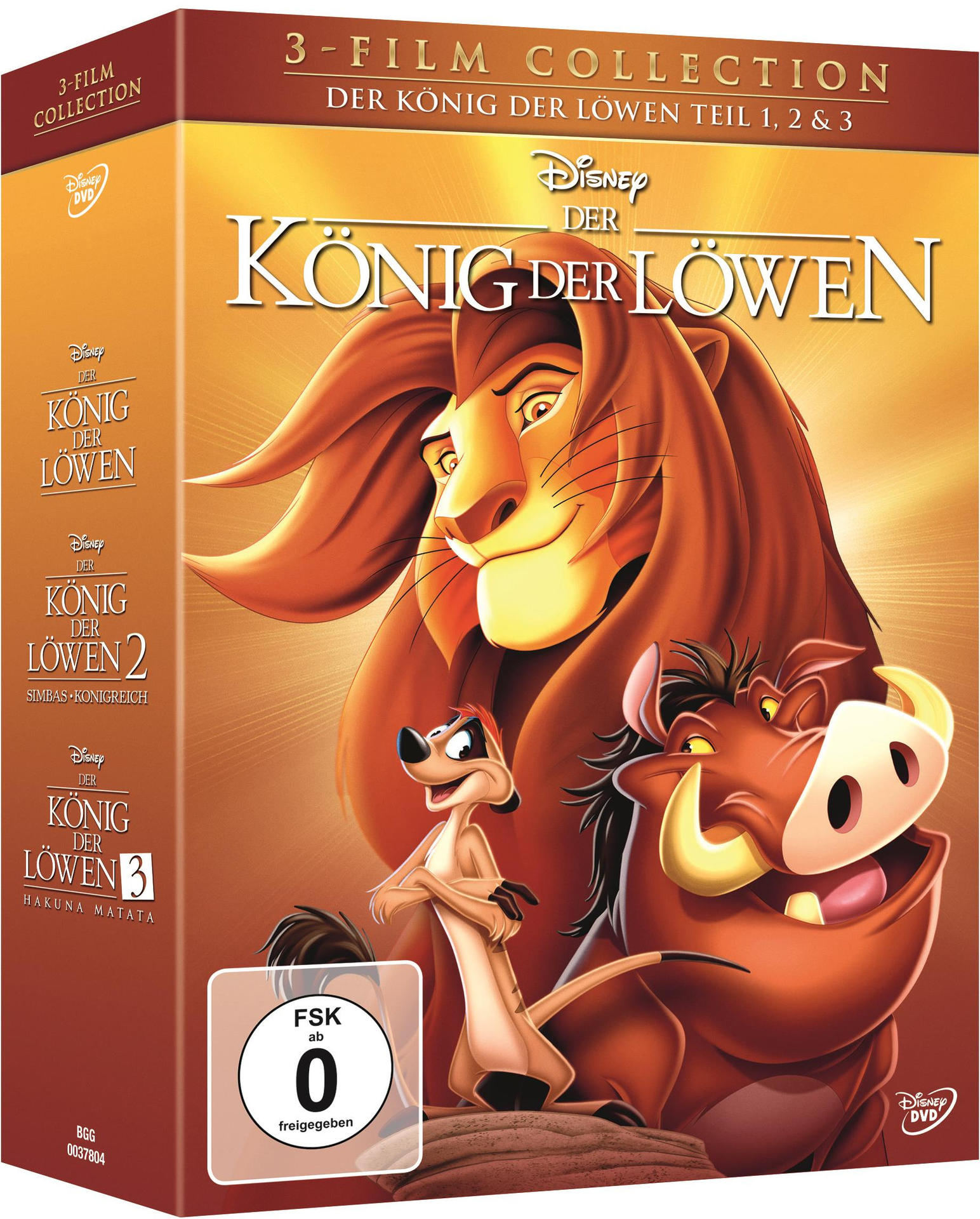Die König der Löwen DVD-Hülle mit Simba, Mufasa und Timon und Pumbaa auf dem Cover. Der Hintergrund ist orange.