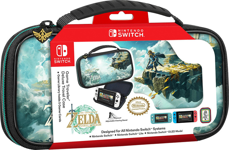 A Nintendo Switch travel case with Zelda artwork, and a Switch with its screen on.