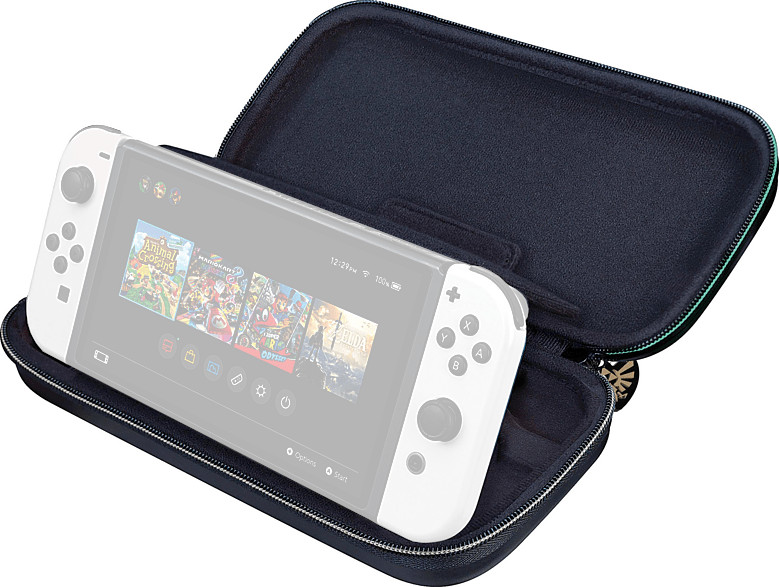 A blue case open, holding a white game console with a digital display.