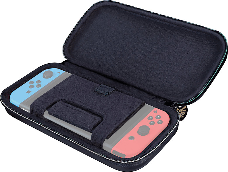 Open blue case with a Switch console and joy-cons inside.